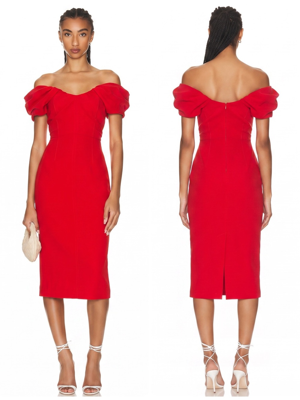 A.L.C. Nora Off-Shoulder Red Puff-Sleeve Fitted Midi Dress NWOT $595